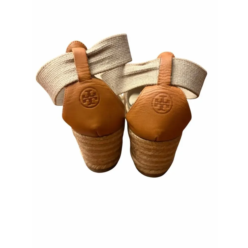 Tory Burch Adonis Beige Canvas Espadrille Wedge Sandals Sz 8.5